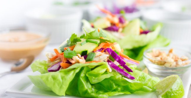 Thai Chicken Lettuce Wraps with Peanut Dressing