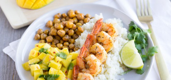 Jerk Shrimp with Coconut Cauliflower Rice, spiced chickpeas, and a mango salsa