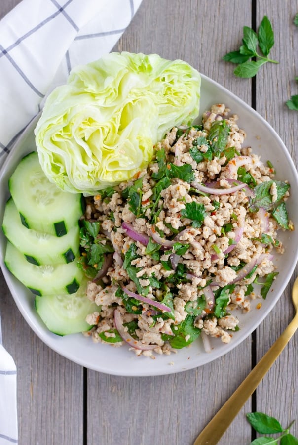 Larb Gai- Thai Spicy Salad with Ground Chicken ThaiCaliente.com