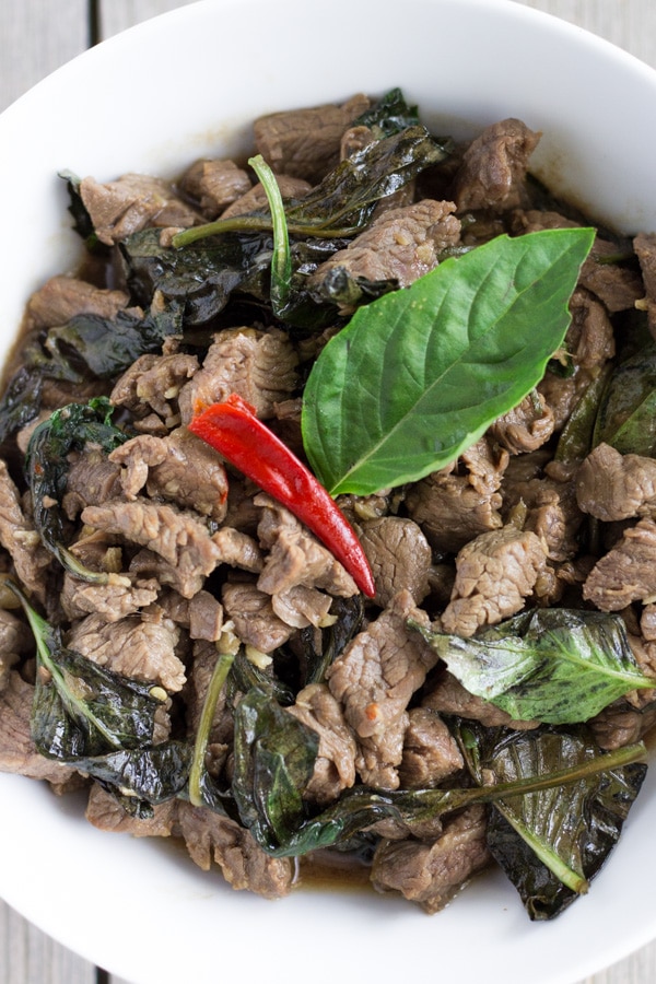 Thai Beef Basil on a white plate.