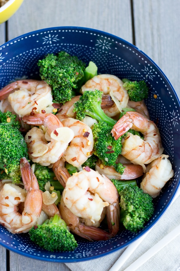 Shrimp and Broccoli in a blue bowl