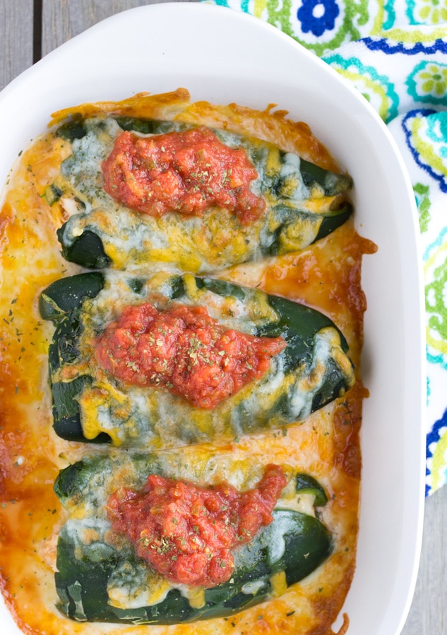 Baked Chili Rellenos with Salsa Chicken, Yogurt, and Cheese