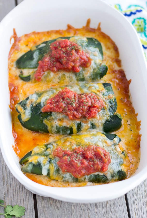Baked Chili Rellenos with Salsa Chicken and cheese.